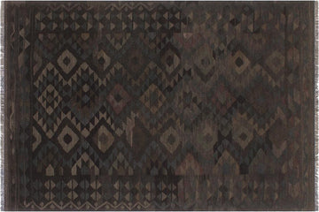Flat Weave Kilim, Antique, Navaho, Vintage, Handmade, Geometric Kilim Black Brown Hand-Woven Rectangle 100% Wool Area Rug 6 x 8